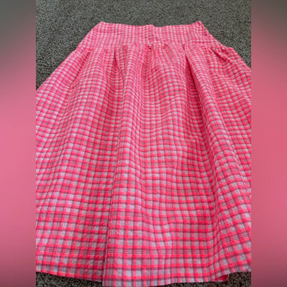 NWT Top Shop Seersucker Bright Pink Gingham Neon Maxi Skirt Sze 10 Drop Waist - Picture 7 of 8